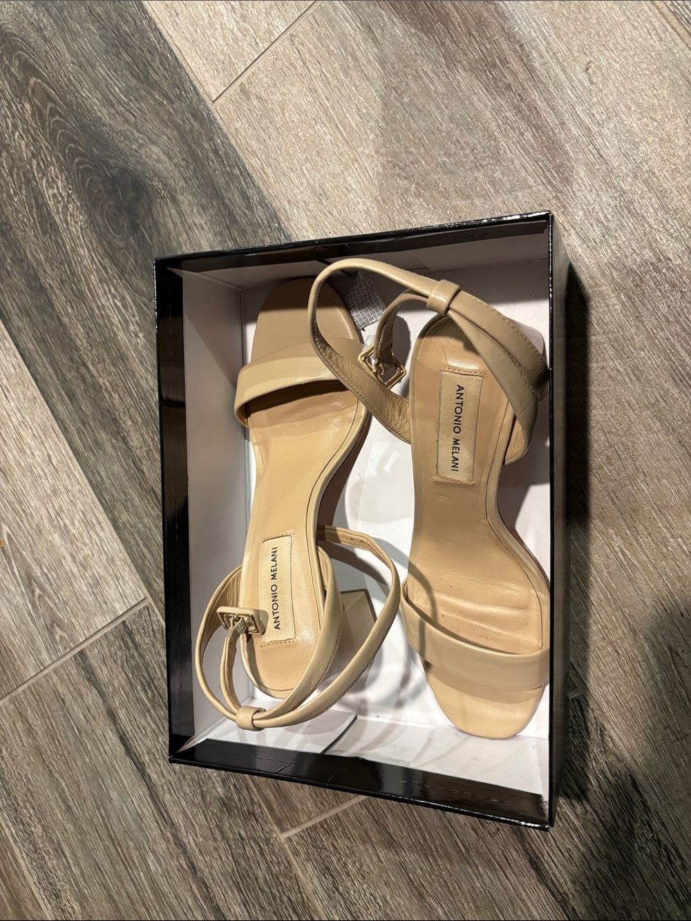 ANTONIO MELANI Nude Beige Ankle-Strap Block Heel Sandals